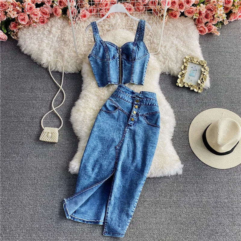 Amolapha Women Summer Denim Clothes Sets Strapless Strap Cowboy Camisole Tops+High Waist Split Jeans Mid-Length Skirts Suits