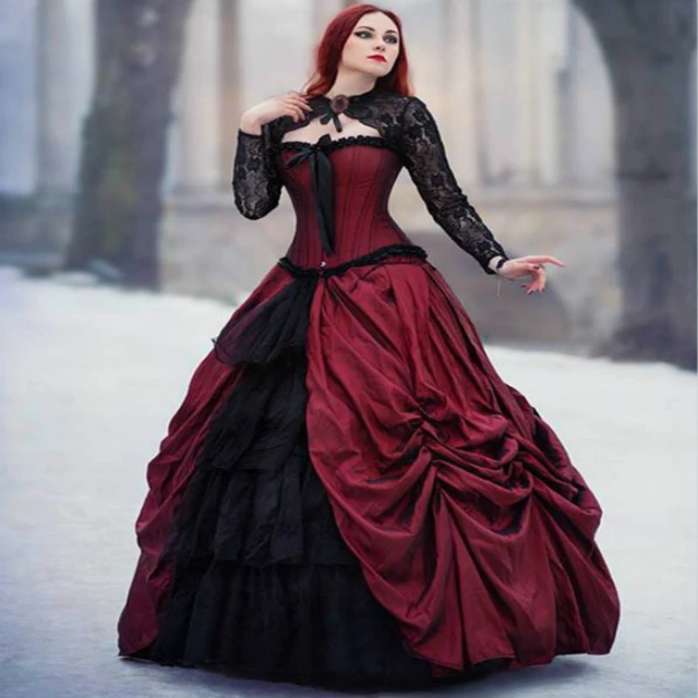 Medieval Black And Dark Red Gothic Wedding Dress Plus Size Ruffle Country Wedding Gown Lace Jacket Masquerade Costume Party Wear Wedding Dresses AliExpress