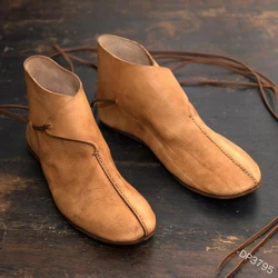 Fashion Men Medieval Knight Prince Flat Single Shoes Chinese Style Retro Casual Leather Ankle Boots Japanese Samurai Short Boot
