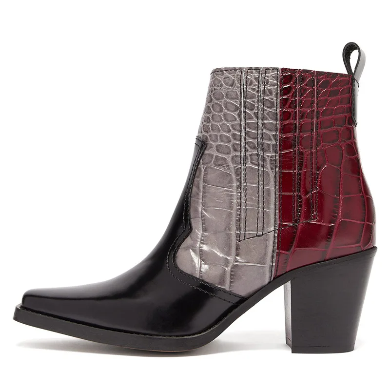 

Spring Fashion Mixed Color Stone Leather Ankle Boots Chunky Heels Pointed toe Patchwork Short Boots Slip on outfit Bottines