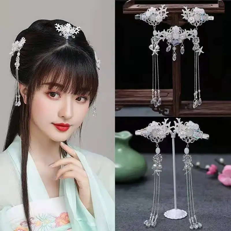 Silver Color Hanfu Headdress Ethnic Style Hairpin Flower Tassel Fringe Jewelry Comb Hair Accessories for Women Girl