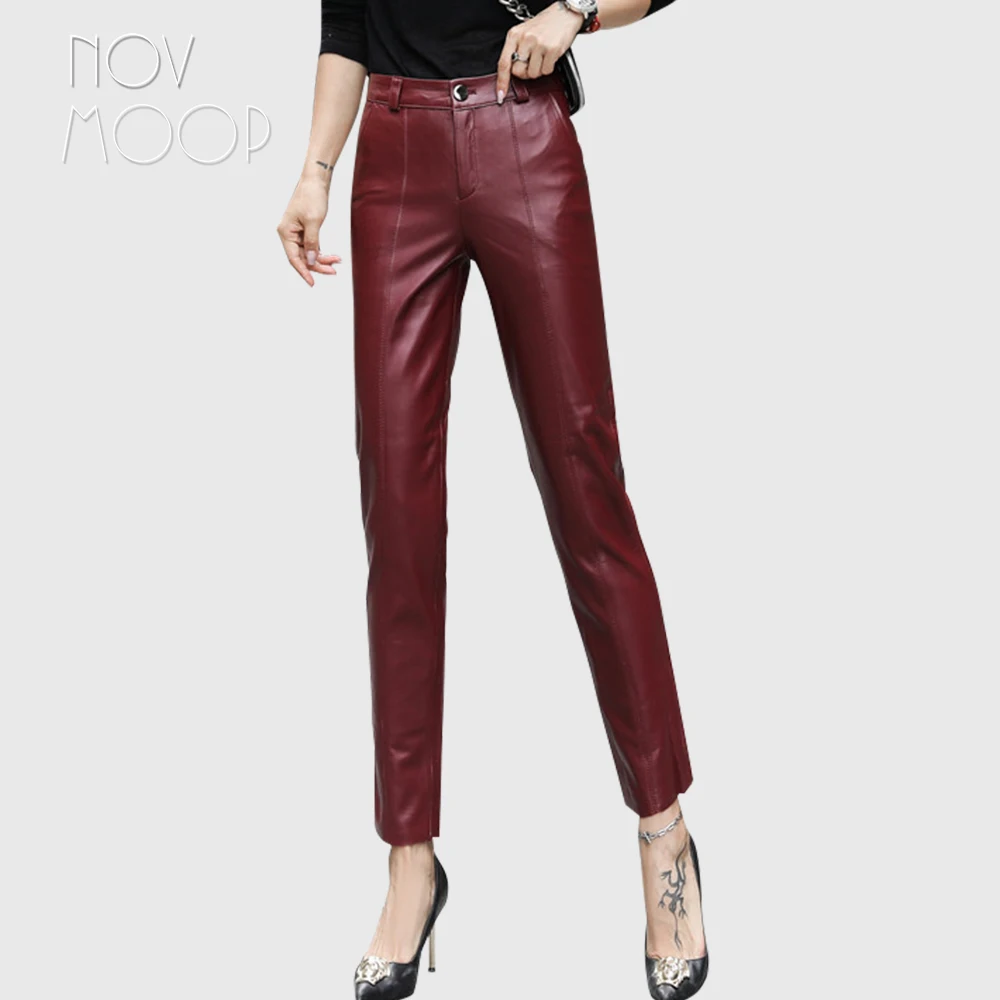 

Novmoop genuine leather sheepskin women ankle length pants formal elegant lady style Pantalon raccourci en cuir LT3358