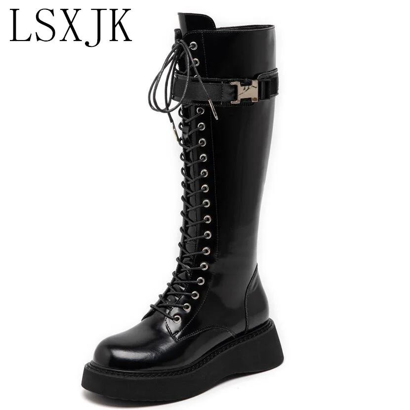 

LSXJK Patent Leather Rider Boots Women's Thick-Soled High-Tube Martin Boots Leather Boots Children's Long-Tube Motorcycle Boots