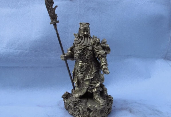 150401 S0929 12 Chinese Folk Brass Copper Nine Dragon Guan gong Guan Yu Warrior Buddha Statue