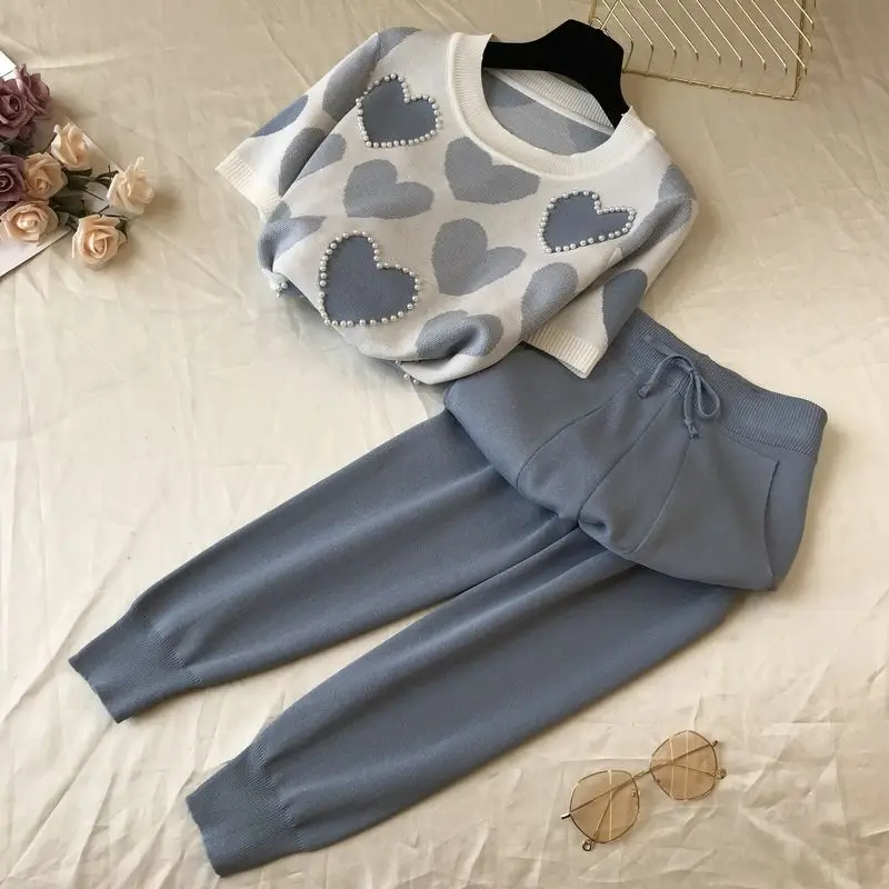 New Arrival Beaded Heart Shape Short-Sleeved Sweater + Elastic Waist Pants Women Sweet 2pcs Suit Ladies Summer Clothing Set