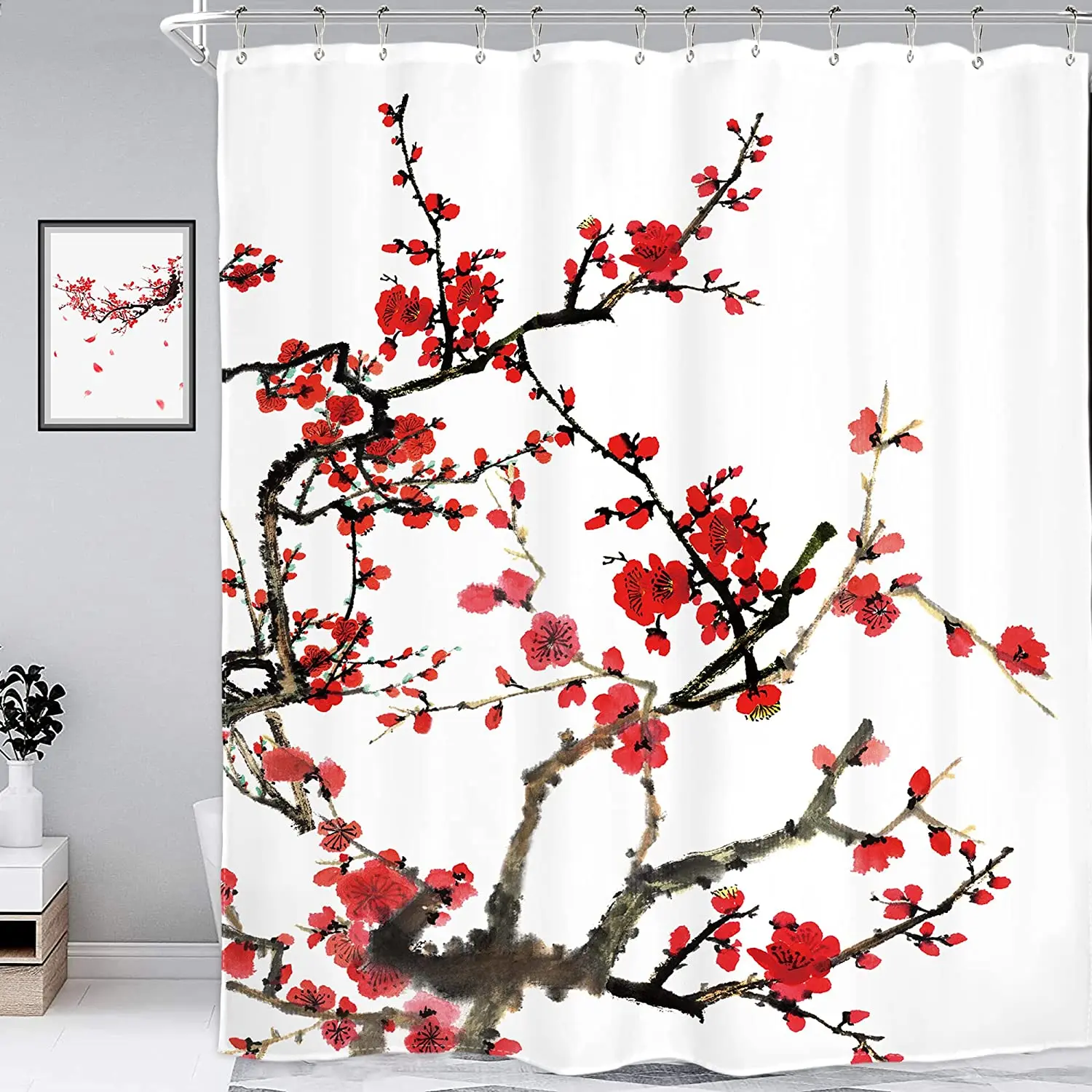 Ink Plant Flowers Shower Curtain Red Plum Japanese Cherry Blossom Bath Curtains Watercolor Print Modern White Bathroom Decor Set