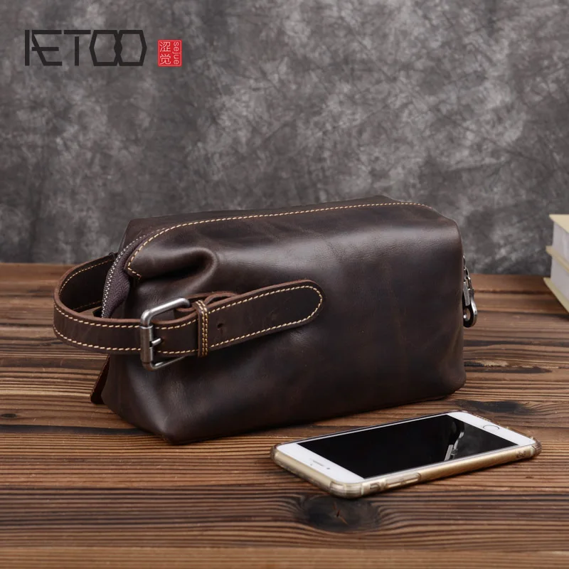 AETOO Vintage handmade crazy horse leather men\'s clutch, leather large-capacity clutch, multi-function storage bag