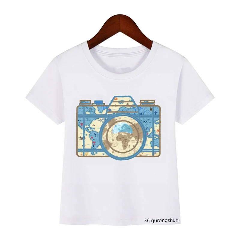 Camiseta con estampado de cámara de acuarela Vintage, ropa divertida para niños, niñas, ropa Kawaii para niños, camiseta blanca de manga corta