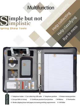 A4ドキュメントフォルダーオーガナイザーpuレザージッパーリングバインダーパドフォリオ会議ビジネスポートフォリオハンドル付き