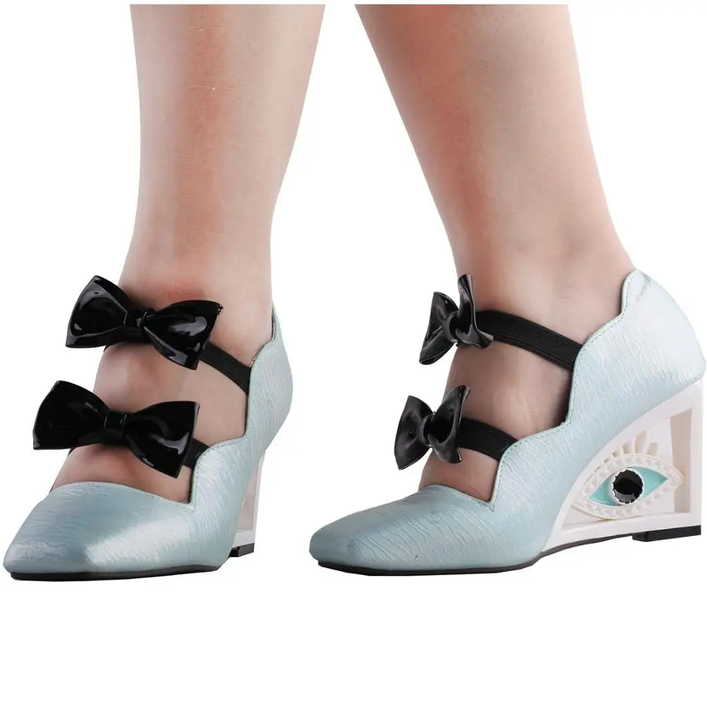 LF10805 SHOW STORY Vintage Blue Bows Square-Toe Wedge Eye Shape High Heels Pumps