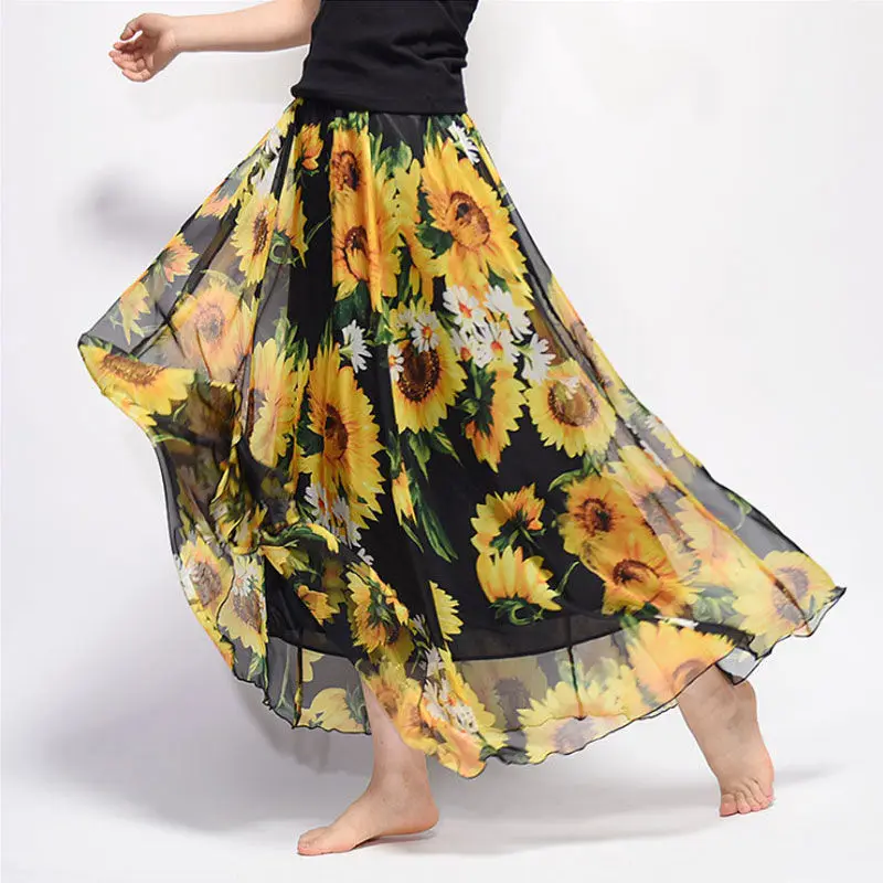 Women\'s Multicolor Floral Long Skirts, Elastic Waist, Printed Skirt, Mid-length, Elegant Pleated, Summer, New, 2021