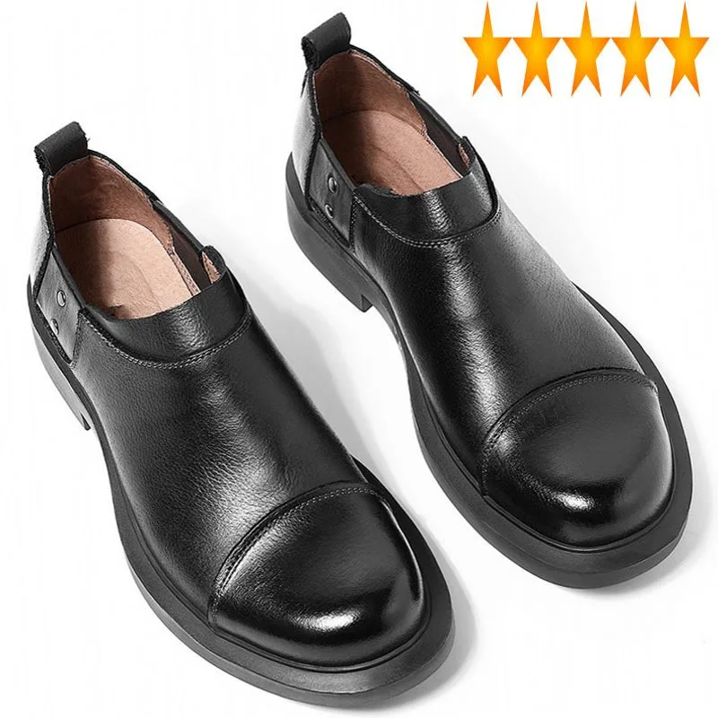 Casual British Round Toe Smart Mens Genuine Leather Formal Fashion Slip On Breathable Mid Heel Vintage Male Loafer Shoes