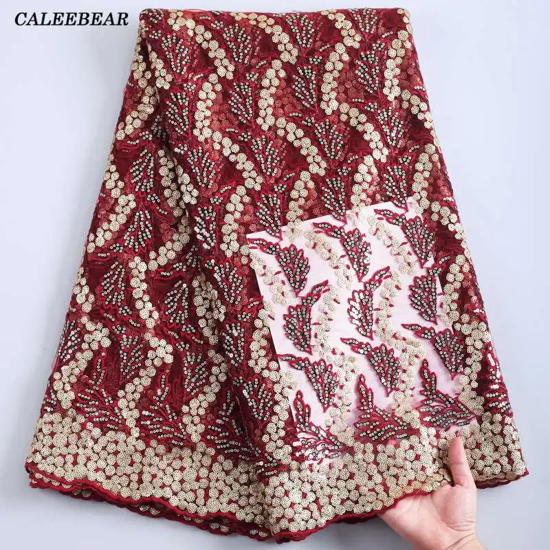 

New Fashion Red Mesh Lace Fabric With Sequins African Lace Fabric Tulle French Lace Fabric 2021 Nigerian Fabric For Dress S2227