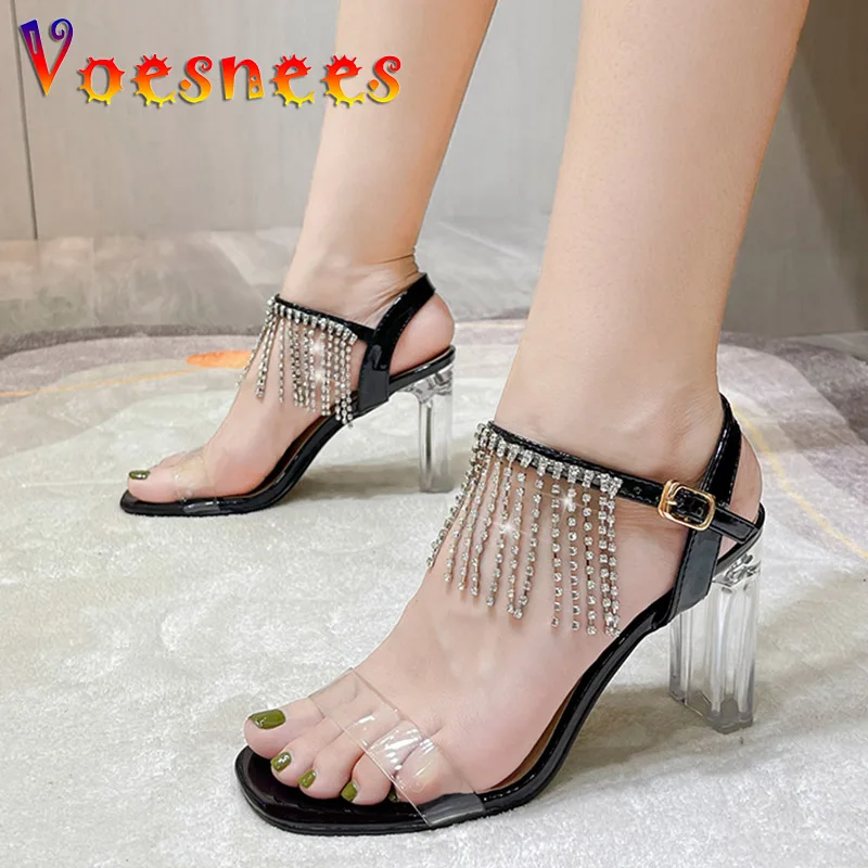 Fashion PVC Transparent Crystal High Heels Summer Elegant Diamond Tassel Women Wedding Shoes Luxury Club Female Sandals Size 43