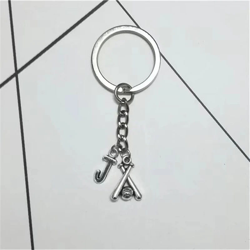 1 Pcs Handmade Anqtique Silver Color Baseball Bat Keychains with Initial Baseball key chain