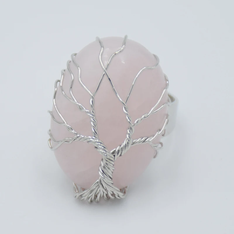 Silver-color Tree of Life Wire Wrapped Resizable Women Ring Fashion Party Jewelry Reiki Oval Natural Stone Crystal Finger Rings