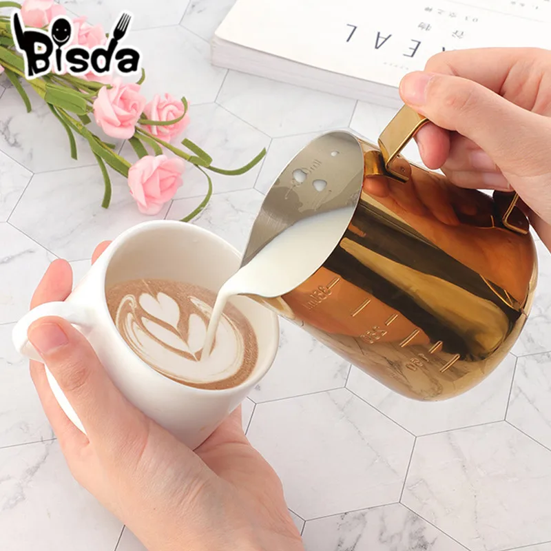 Stainless Steel Milk Jugs Coffee Pitcher Milk Frothing Jug Pull Flower Cup Gold Milk Craft Coffee Latte Art Jug Pitcher Mug Cup