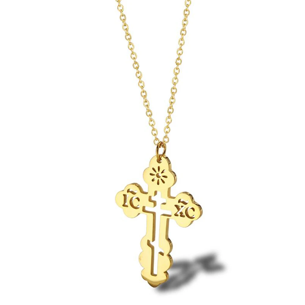 Stainless Steel Orthodox Cross Religious Minimalist Pendant Necklace Women Men Jewelry Gift For Christ