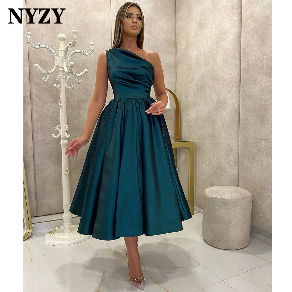 NYZY E334 eleganckie satynowe jedno ramię czarne suknie wieczorowe krótkie 2021 Party Dress szaty de koktajlowa, balowa suknie wieczorowe