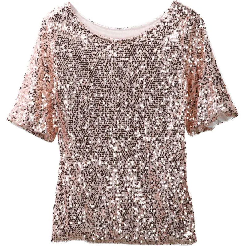 Women Ladies Sequin Short Sleeve Fashion Casual Sparkly Tops Glitter Evening Party Tops Shirt