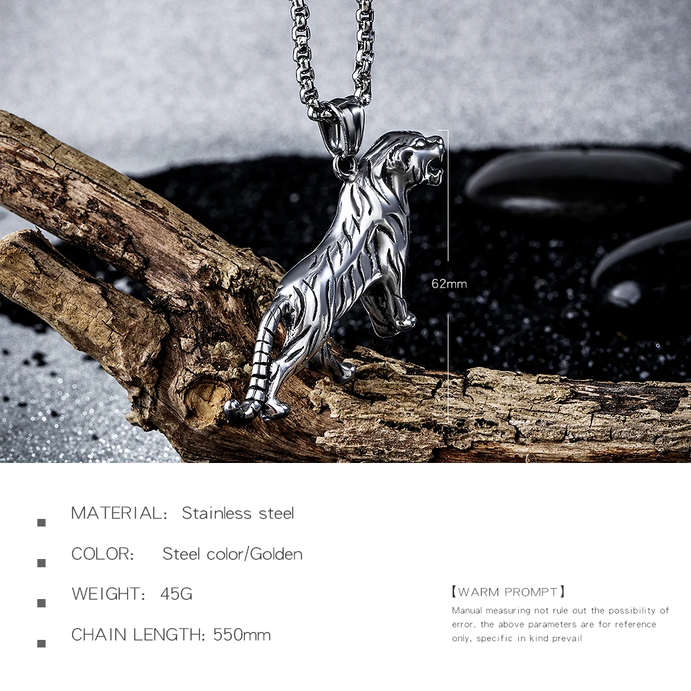 Punk Tiger Pendant Necklace for Men Stainless Steel Jewelry Link Chain Vintage Jewelry
