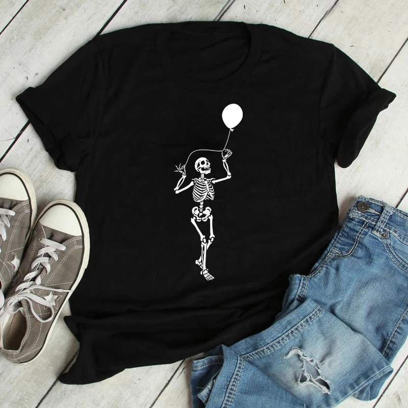 Skeleton With Balloon T-shirt Spooky Halloween Graphic Tee Top Aesthetic Women Hipster Pastel Goth Tshirt