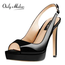 Onlymaker  Women Sexy Peep Toe Platform Sandals High Heels Black Yellow Red Slingback Shinning Patent Big Size Sandals