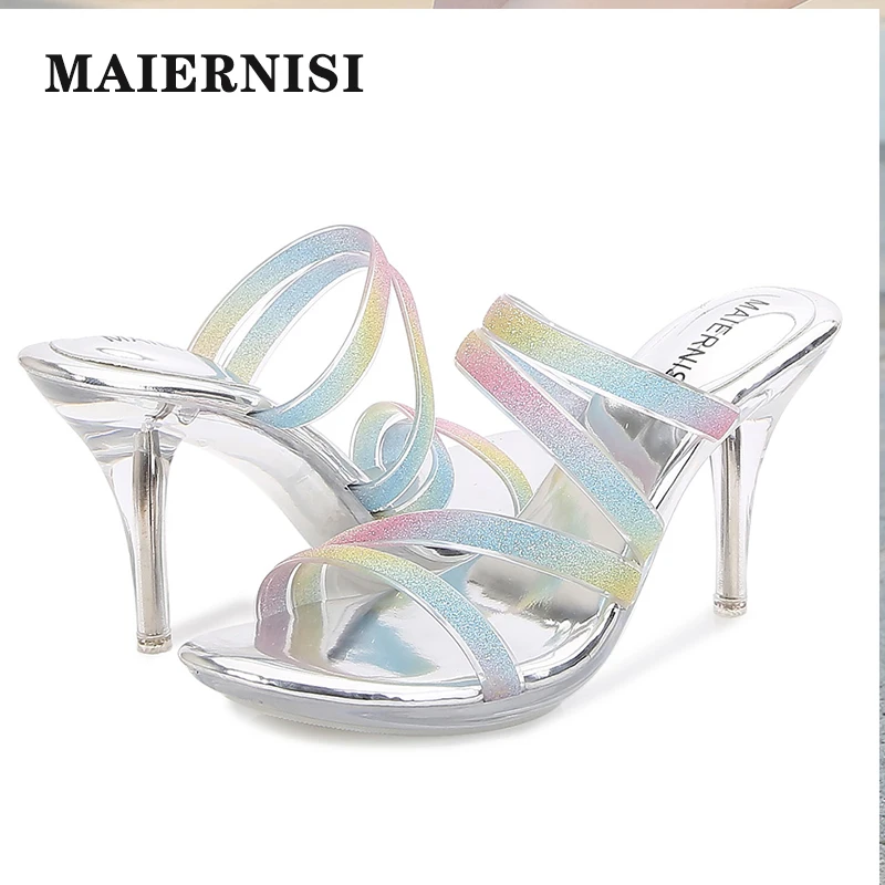 MAIERNISI أحذية نسائية 2025 صيف جديد النعال النساء كريستال شفاف كعب عدم الانزلاق الشرائح الإناث كعب رقيقة 8 سنتيمتر عالية الكعب #6