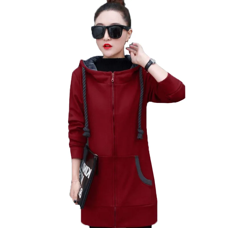 Hoodie Women's 2021 Autumn Winter New Thickened Add  Velvet  Mid-length Hooded Loose Cardigan Jacket Outerwear Sportswear A18