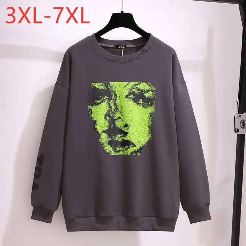 

New Spring Autumn Plus Size Women Clothing Oversize Pullover Long Sleeve Cotton Gray Print Sweatshirt Coat 3XL 4XL 5XL 6XL 7XL