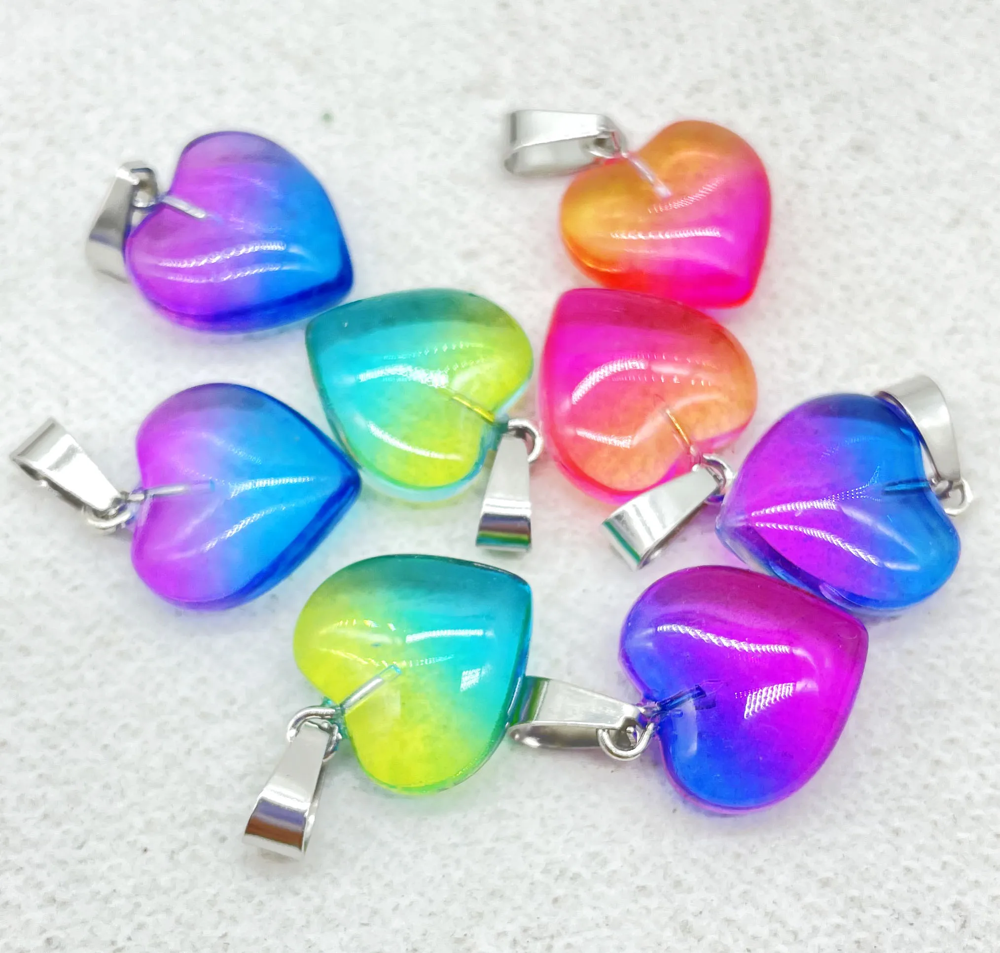 16mm Natural Gem stone Quartz Crystal opal Cat\'s eye Colorful charms heart pendants for diy jewelry making Necklace 12pcs