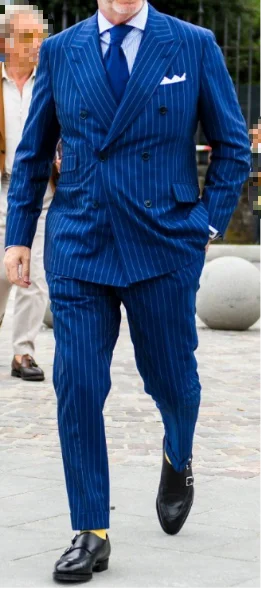 2021 Royal Blue garnitur w paski mężczyźni w stylu Vintage dostosowane Slim garnitury biurowe garnitury na kolację suknie balowe odzież dla pana młodego 2 sztuka (kurtka + spodnie)