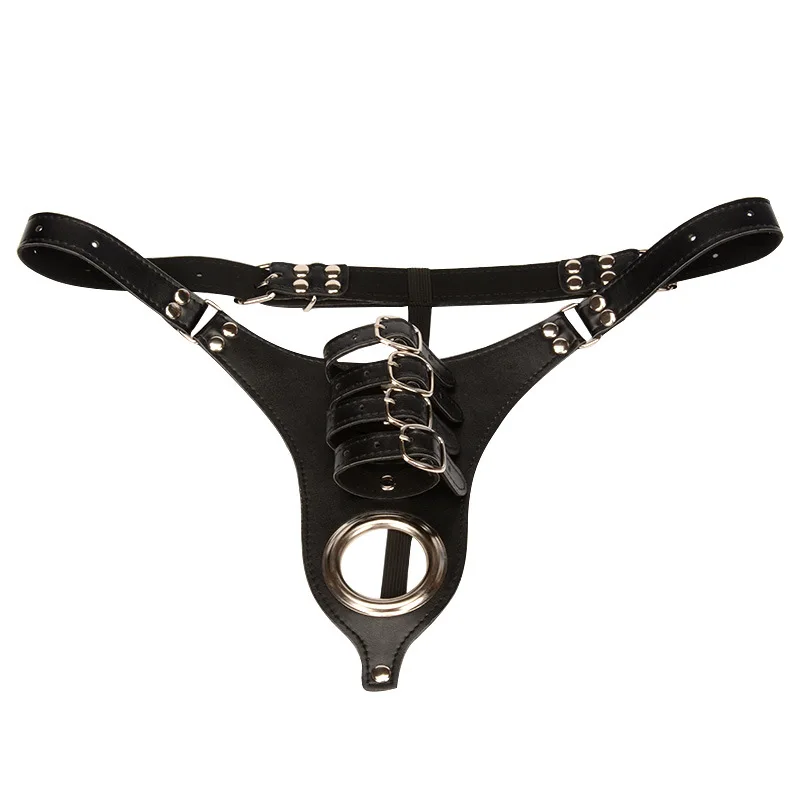 PU Leather C-String Thong with Adjustable Penis Rings Male Fetish Wear Chastity Belt Panties Underwear Sexy Lingerie for Men Sex