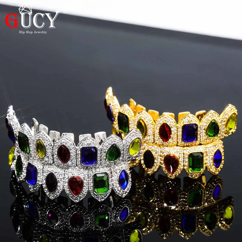 GUCY Hip Hop Gold Color Vampire Fangs Teeth Grills Caps Micro Pave Multi-Color CZ Bling Cubic Zirconia Top & Bottom Teeth Grillz