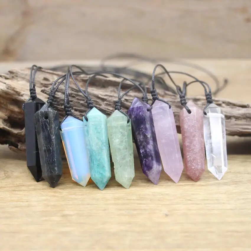 Reiki Chakra Crystal Double Point Pendants Hide Rope Necklaces,Healing Quartz Amethysts Obsidian Bullet Pendulum Jewelry,QC3064