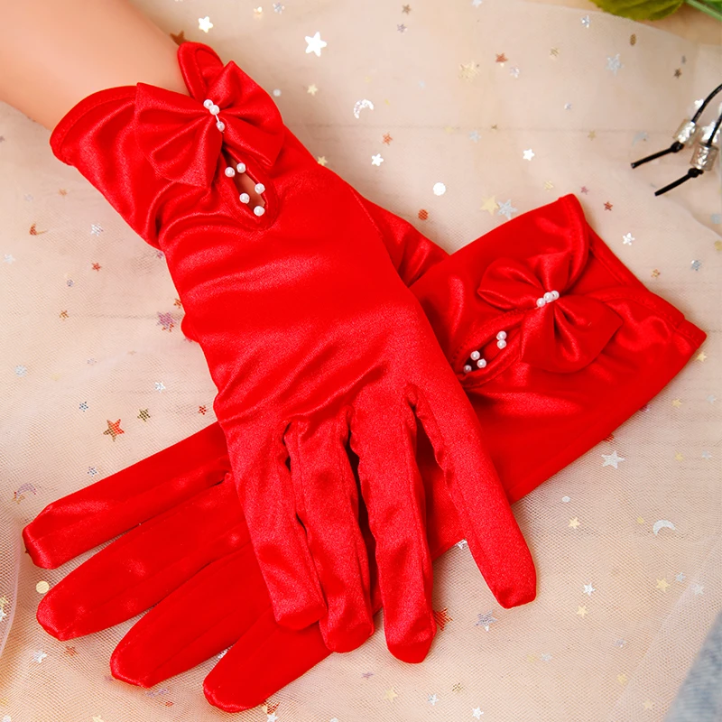 Wedding Bridal Gloves Red Black White Bowknot Beaded Full Finger Satin Gloves Women Party Prom Dress Mittens Marriage Accessorie