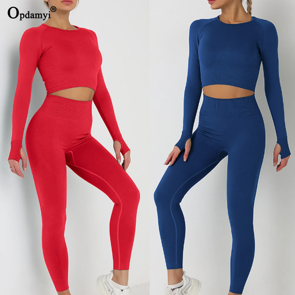 

2PCS Women Seamless Yoga Sets Gym Clothing Tracksuit High Waist Leggings+Long Sleeve Crop Top for Fitness Workout Suit Sportwear