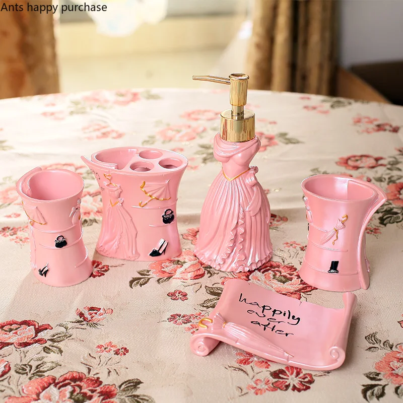 European Style Five-piece Wash Set Bathroom Supplies Resin Pink White Toothbrush Cup Bathroom Accessories Tooth Brush Holder