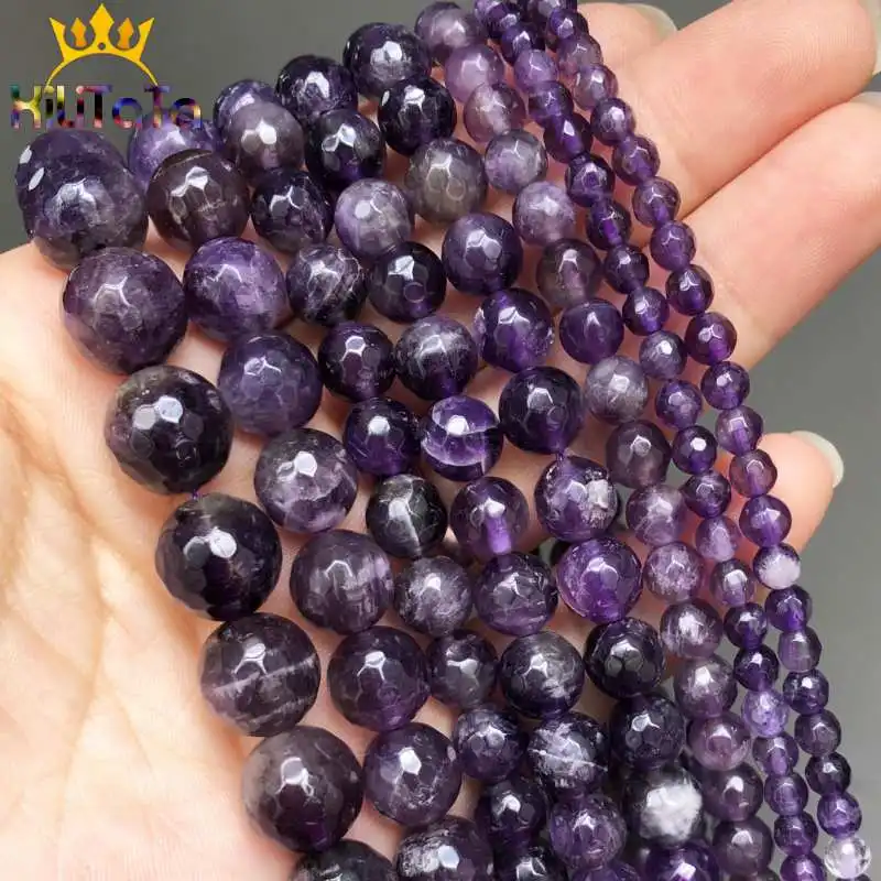 Natural Stone Beads Faceted Amethysts Loose Spacer Beads For Jewelry Making DIY Earrings Bracelet Accessories 15\'\' 4/6/8/10/12mm