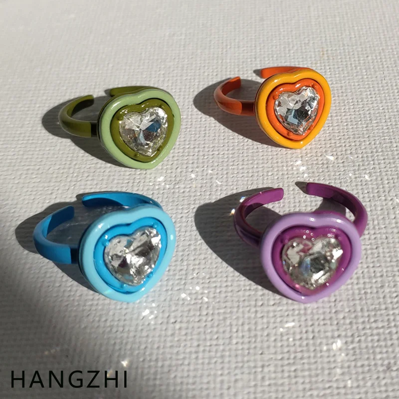 HANGZHI INES 2021 New Heart Love Rhinestone Inlay Candy Color Spray Paint Open Finger Rings for Women Girls Party Trendy Jewelry