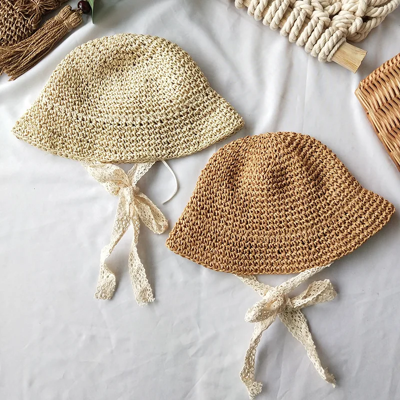 Sombreros de paja coreanos para bebé, niño y niña, sombrero de ganchillo con correa de encaje, plegable, hecho a mano, para el sol y la playa