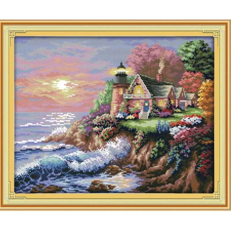 Seaside Lighthouse Scenery Series Cross Stitch Kits 14CT 11CT Canvas Printing Embroidery Set Needlework Home Decoration Painting