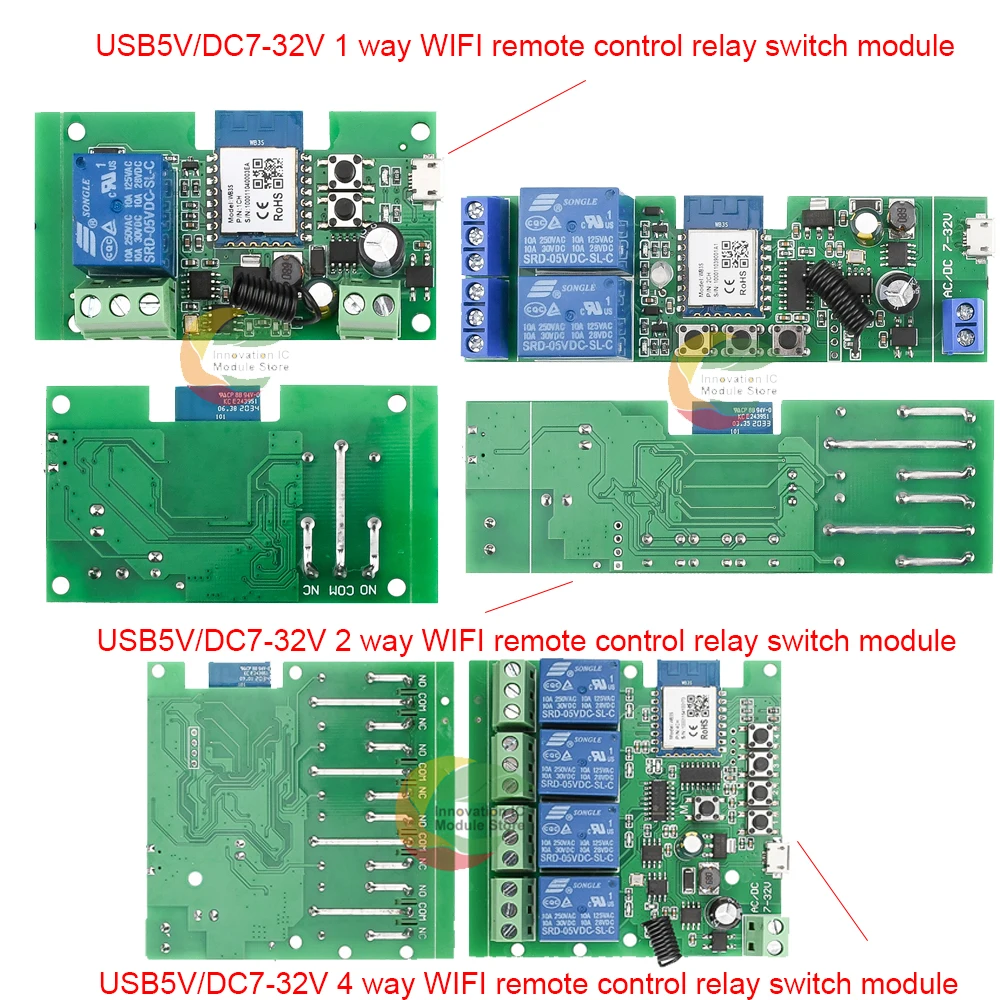 USB 5V DC7-32V 1CH 2CH 4CH RF WIFI remote control relay switch module 12V 24V support 2.4G WIFI Control+433MHZ RF remote control