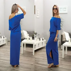 Sexy Slash neck Side Split Loose Dress Women Summer Long Maxi Dress Short Sleeve Evening Party Dress