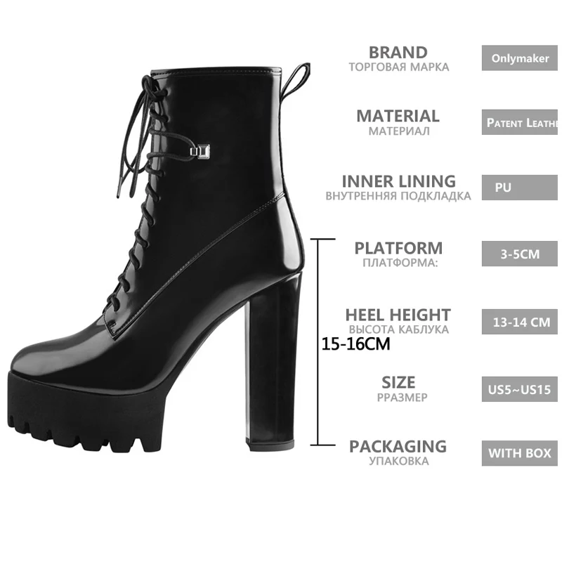 Onlymaker Round Toe Black Patent Leather Chunky High Heels Platform Ankle Boots Big Size Shoes