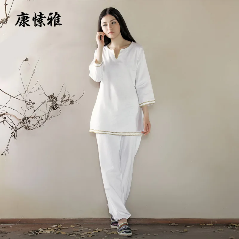 women yoga wear cotton linen loose wide leg yoga pants Seven cuff yoga top  Martial Arts Tai Chi Uniform Meditation Suit clothes