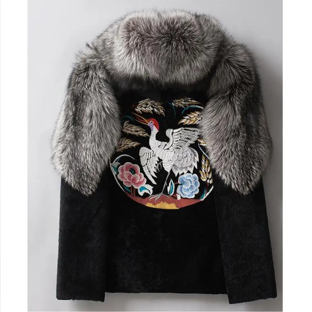 2019 New Mens Sheepskin Shearling Jacket Fox Fur Coat Leather Overcoat National Wind Embroidery Winter Parkas