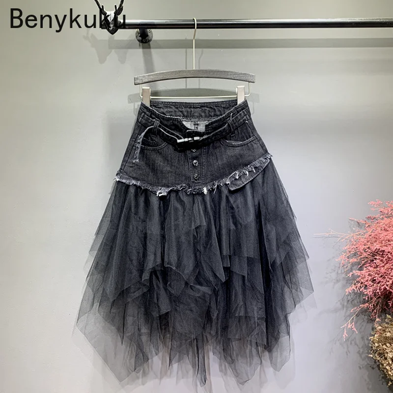 Punk Women Denim Jeans Mesh Patchwork Lace Skirt High Waist A Line Asymmetric Frill Tulle Pleated Midi Y2K Gothic Chic Skirts