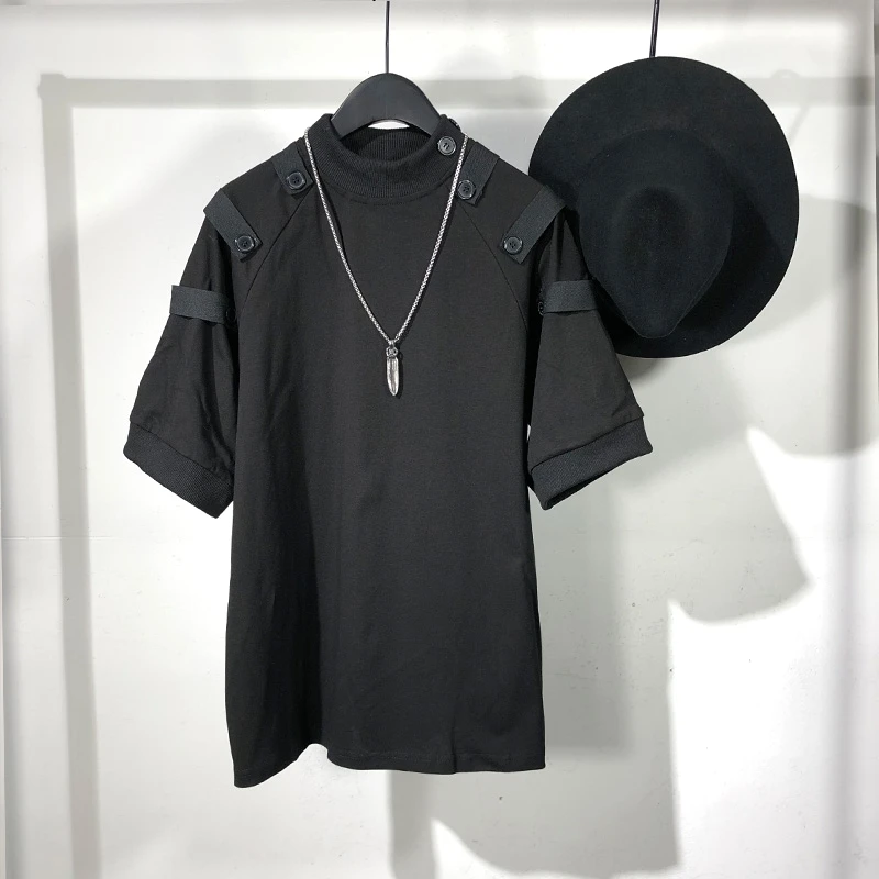 

Men's Short Sleeve T - Shirt Summer New Dark Round Collar Multi - Strap Buckle Design Fashion Quality Trend T - Shirt