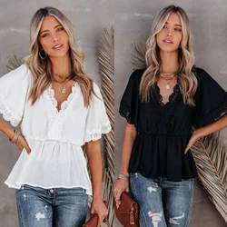 Summer Women White Korean Elegant SEXY Blusas Lace Patchwork V Neck Short Flare Sleeve Peplum Ruffle Backless Blouses Shirts Top